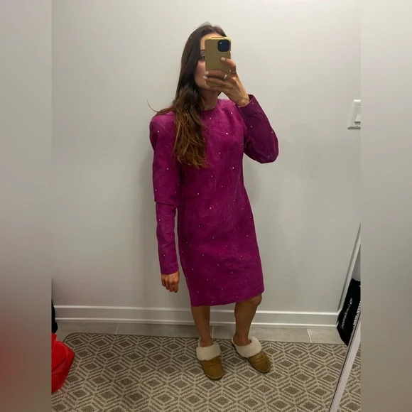 Vintage Daniel Leather Long Sleeve Fuchsia Suede Shift Dress with Stud Detail - Picture 12 of 13